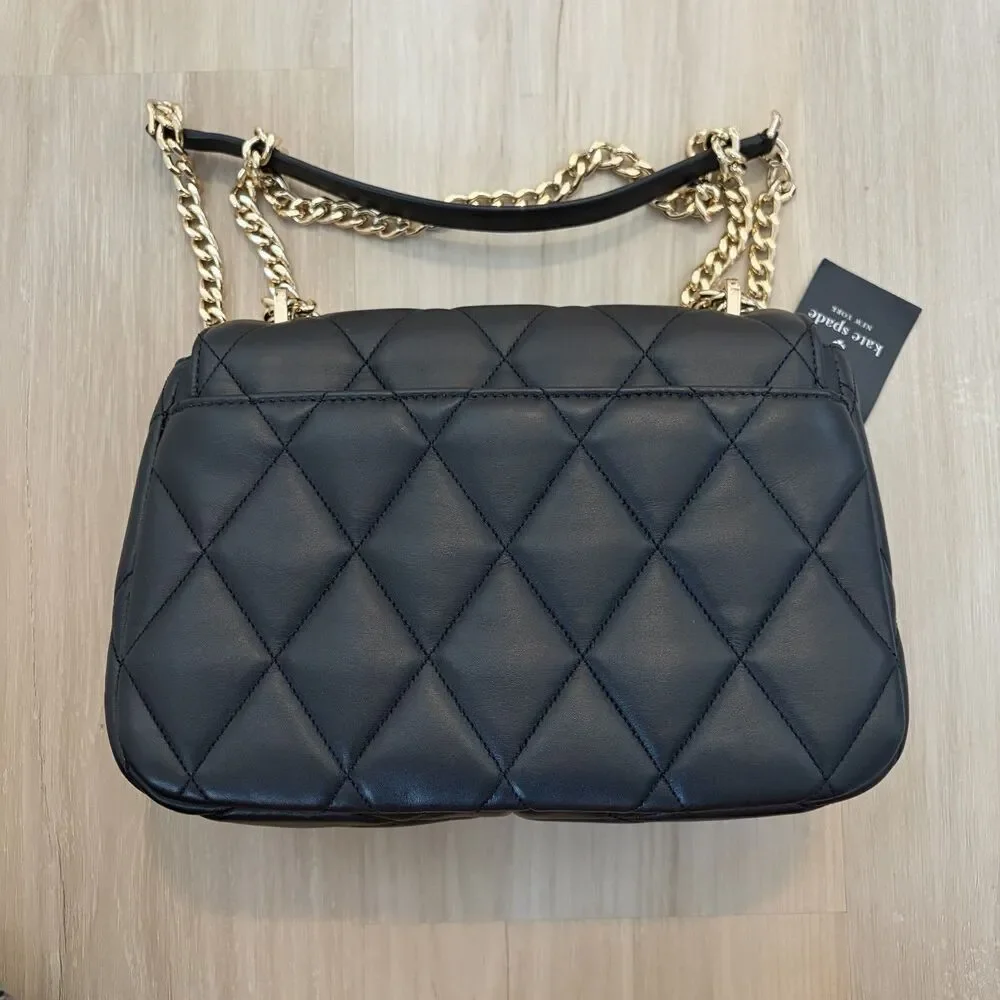 Kate Spade New York Black Carey Smooth Quilted Flap Bag Gold Chain Push Lock NWT